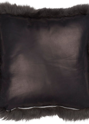 Lammeskindspude | Langhåret | Læderbagside | 50x50 cm Mørkegrå