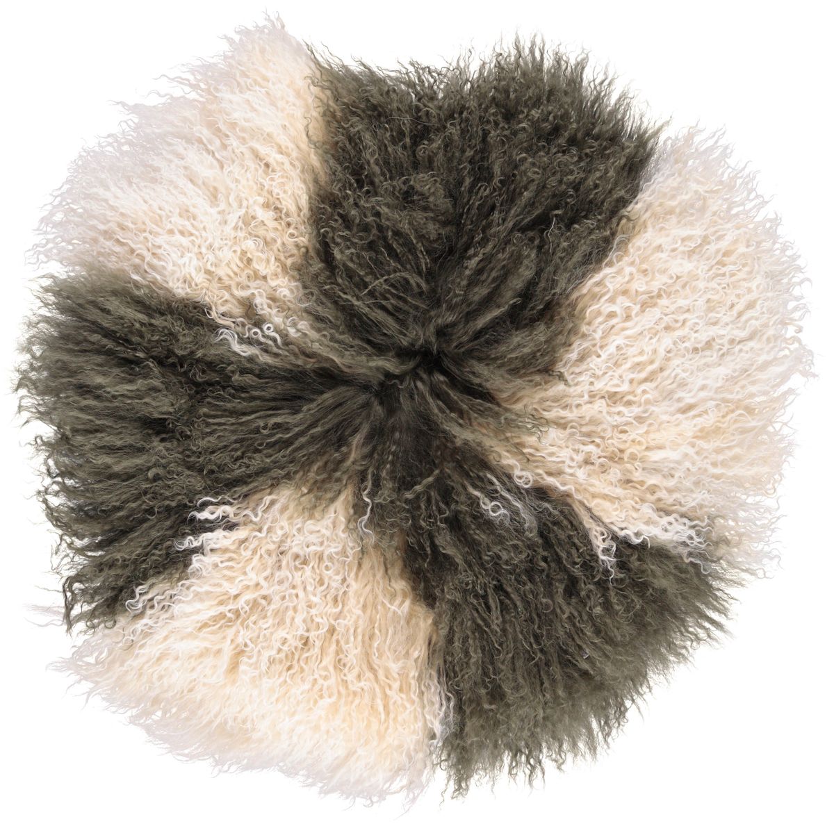 Lammeskindspude | Krøllet | Tibet | Ø45 cm, Ø62 cm & Ø38 cm Gylden Hvid / Mørkegrøn