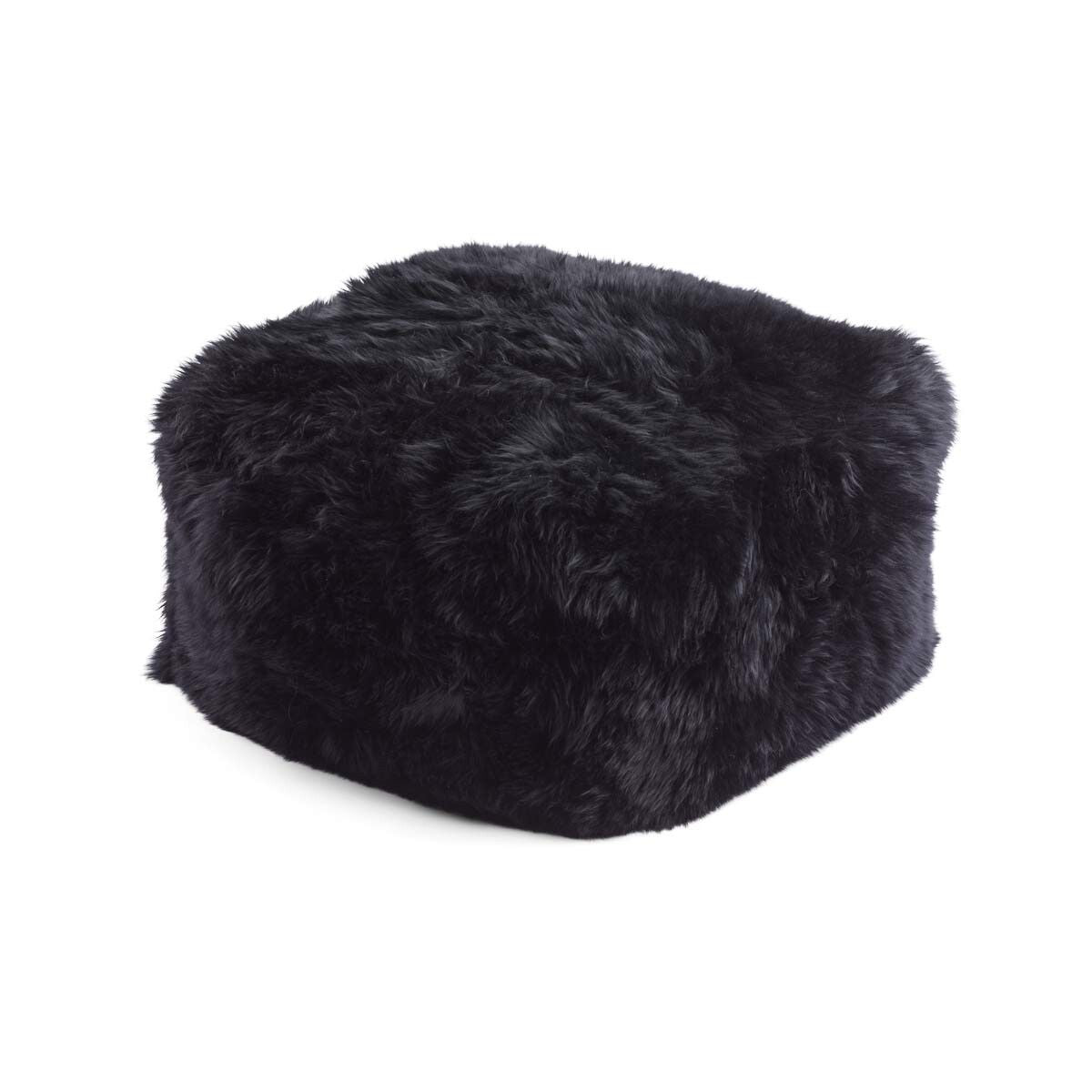 Firkantet puf | Langhåret | New Zealand | Læderbagside Sort