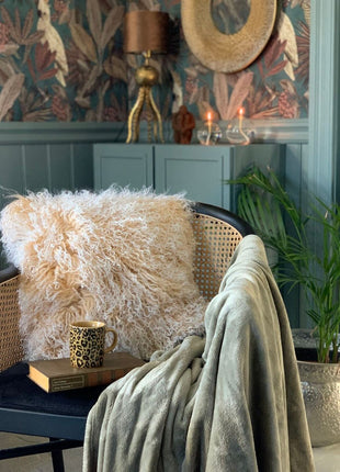 Lammeskindspude | Krøllet | Tibet | 40x40 cm Gylden Hvid