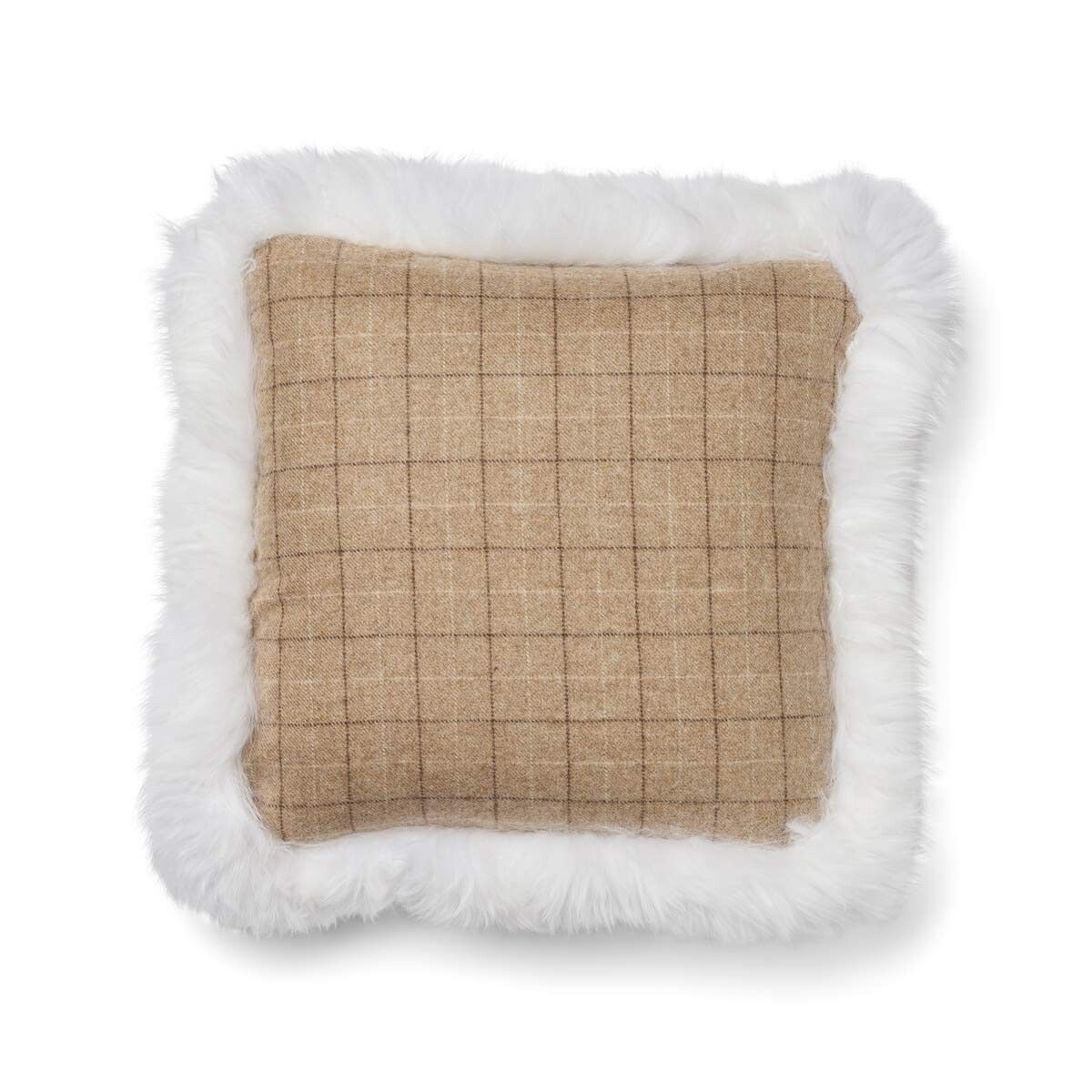 Checked Collection | Uldpude | Langhåret | Dobbeltsidet | 52x52 cm | 34x52 cm Havregryn-Beige/Hvid